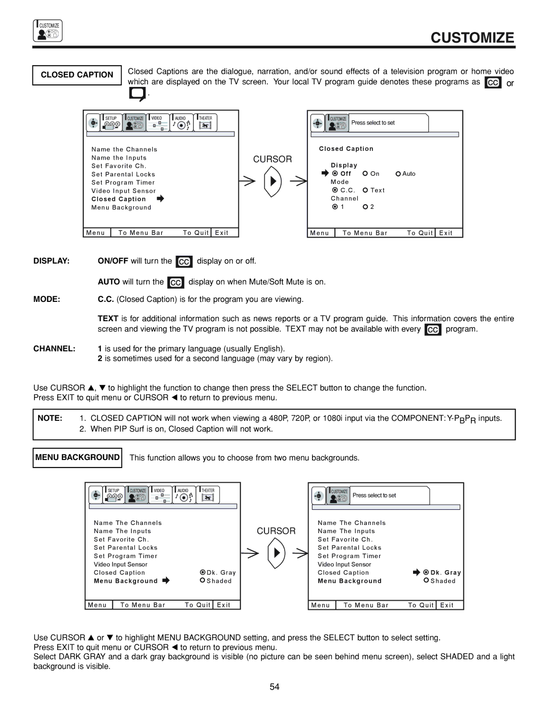 Hitachi 53FDX20B important safety instructions Closed Caption, Display, Mode, Channel, Menu Background 