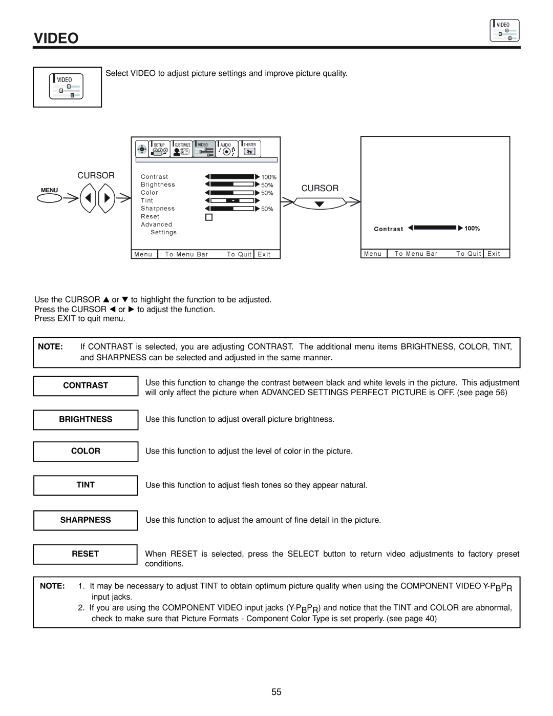 Hitachi 53FDX20B important safety instructions Video, Contrast Brightness Color Tint Sharpness Reset 