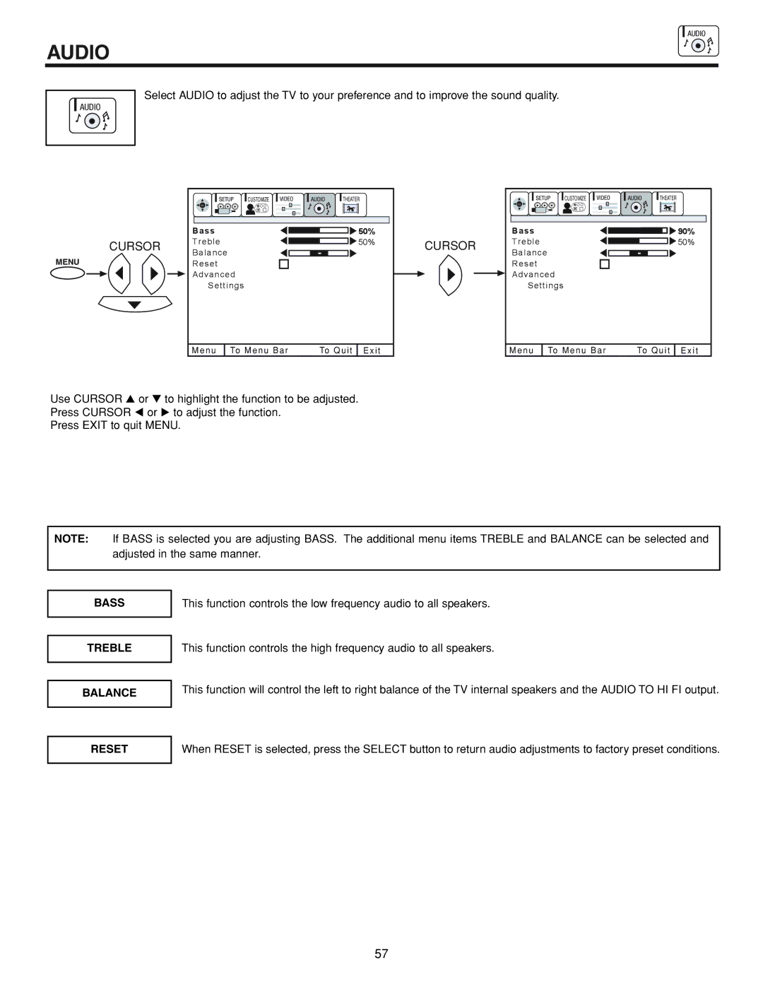 Hitachi 53FDX20B important safety instructions Audio, Bass, Treble, Balance 