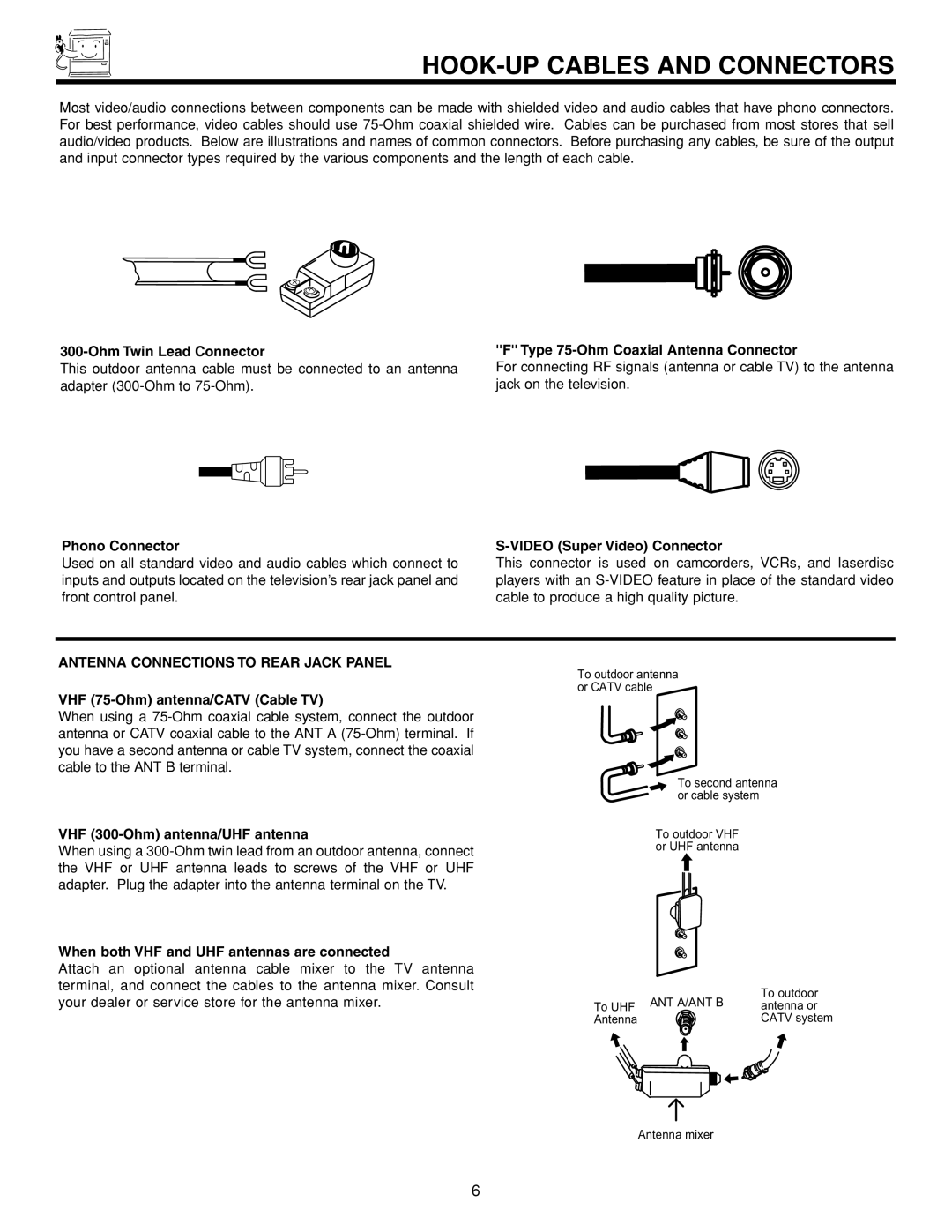 Hitachi 53FDX20B important safety instructions HOOK-UP Cables and Connectors, Antenna Connections to Rear Jack Panel 