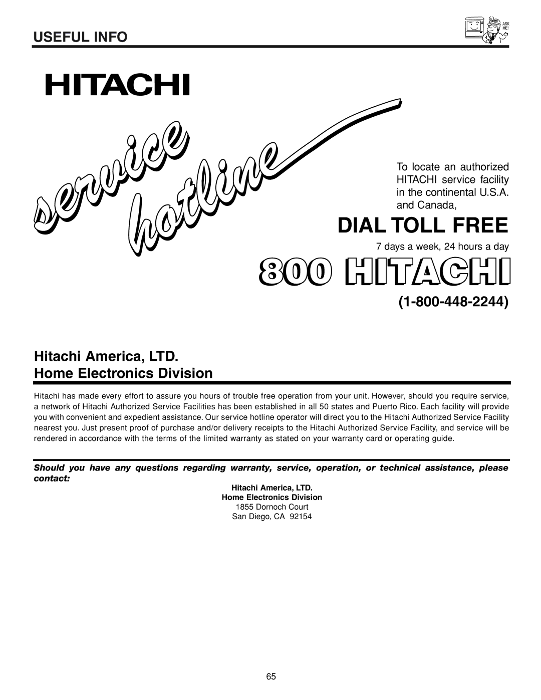 Hitachi 53FDX20B important safety instructions Hitachi, Home Electronics Division 