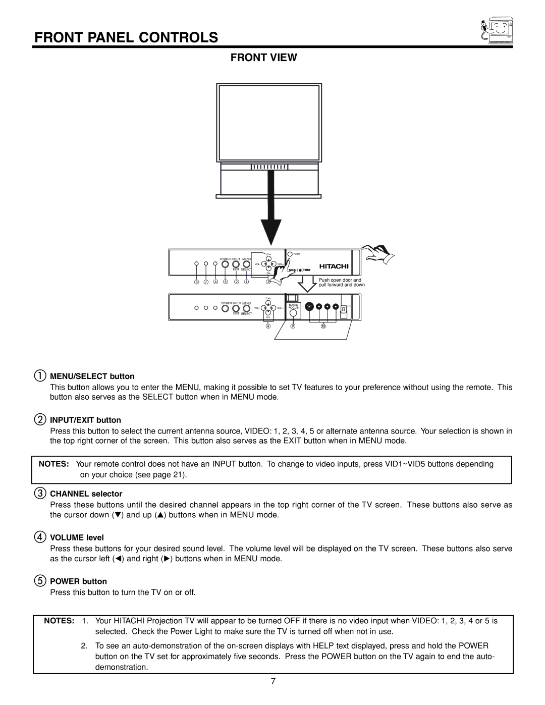 Hitachi 53FDX20B important safety instructions Front Panel Controls 