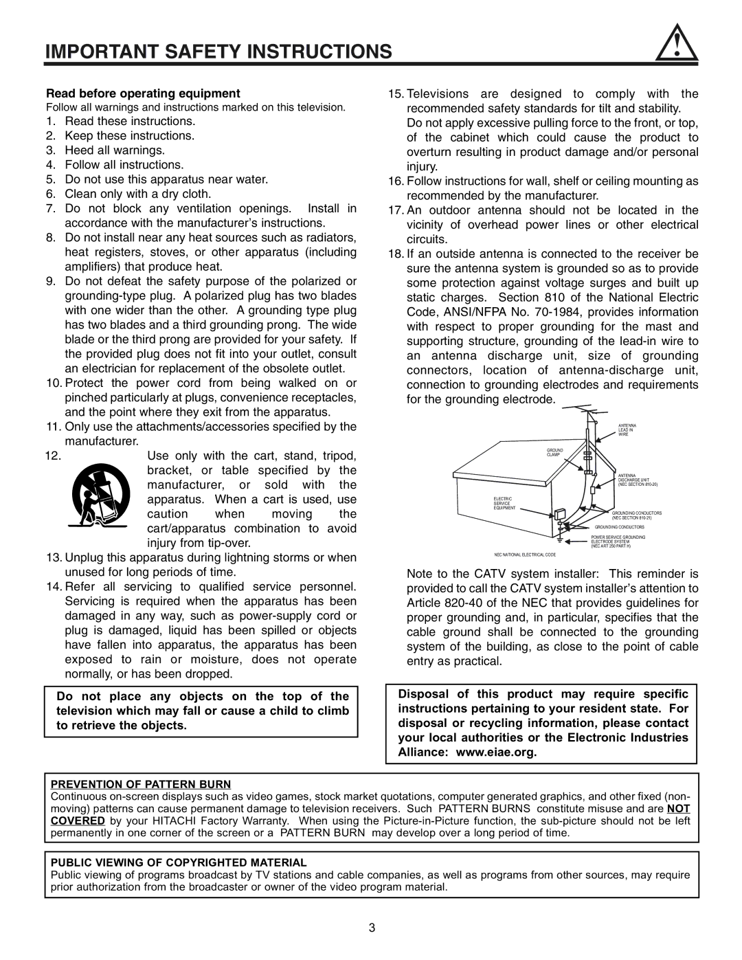 Hitachi 53SBX10B manual Prevention of Pattern Burn, Public Viewing of Copyrighted Material 