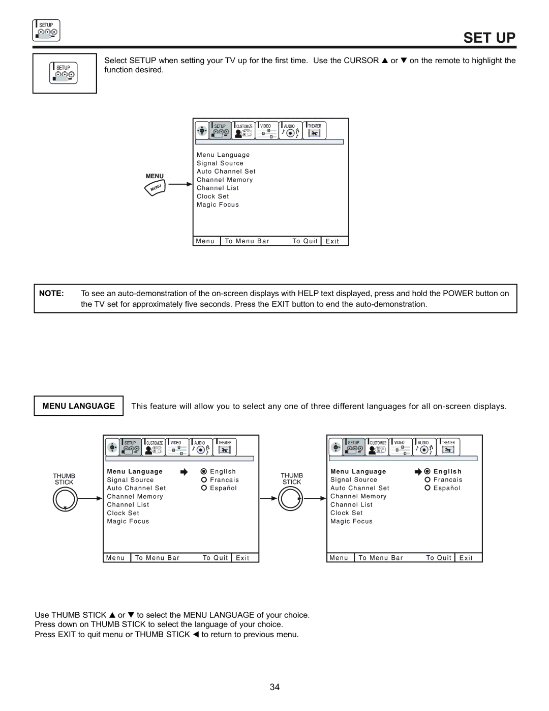 Hitachi 53SBX10B manual Set Up, Menu Language 