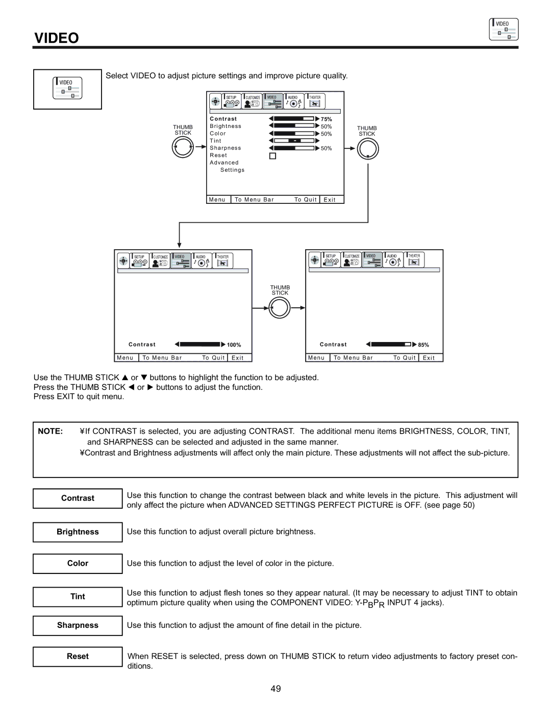 Hitachi 53SBX10B manual Video, Contrast Brightness Color Tint Sharpness Reset 