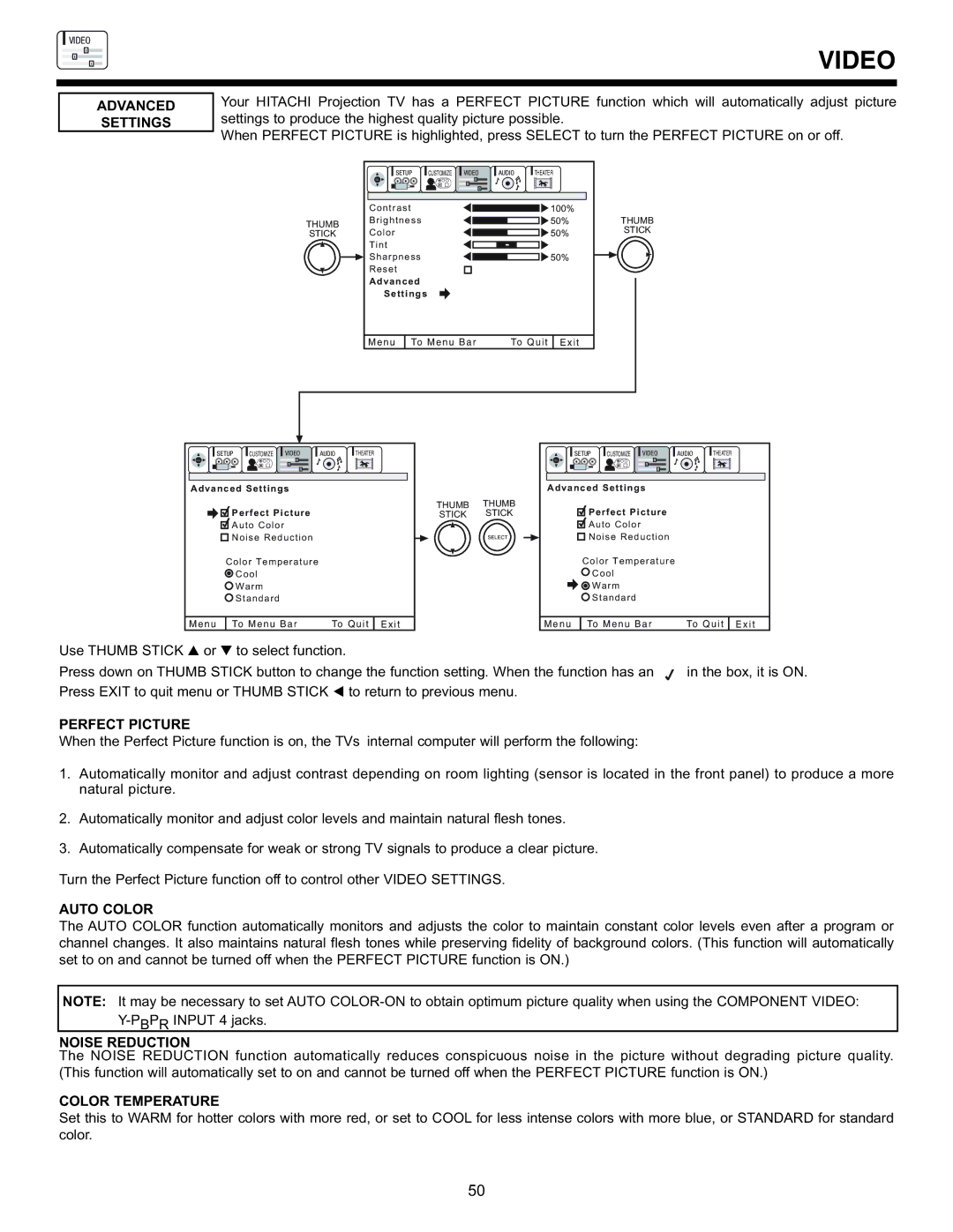 Hitachi 53SBX10B manual Advanced Settings, Perfect Picture, Auto Color, Noise Reduction, Color Temperature 
