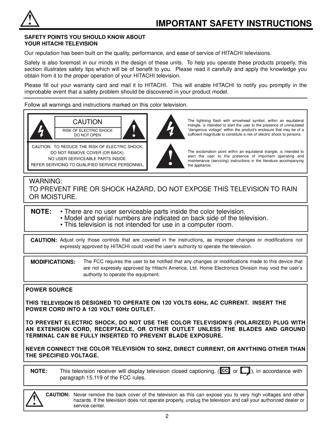 Hitachi 43FDX20B, 53SDX20BB Important Safety Instructions, Safety Points YOU should Know about Your Hitachi Television 