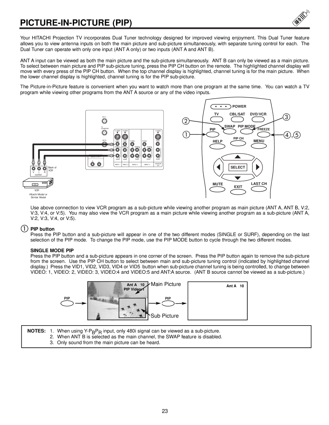 Hitachi 43FDX15B, 53SDX20BB, 43FDX20B important safety instructions Picture-In-Picture Pip, PIP button, Single Mode PIP 