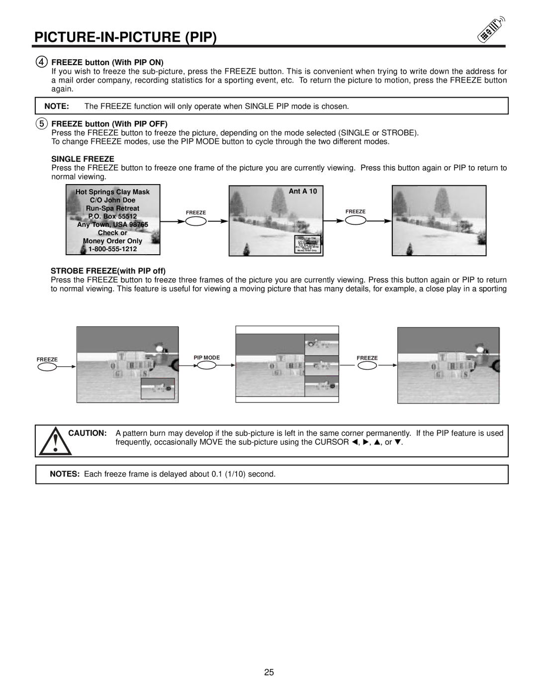 Hitachi 53SDX20BB Freeze button With PIP on, Freeze button With PIP OFF, Single Freeze, Strobe FREEZEwith PIP off 