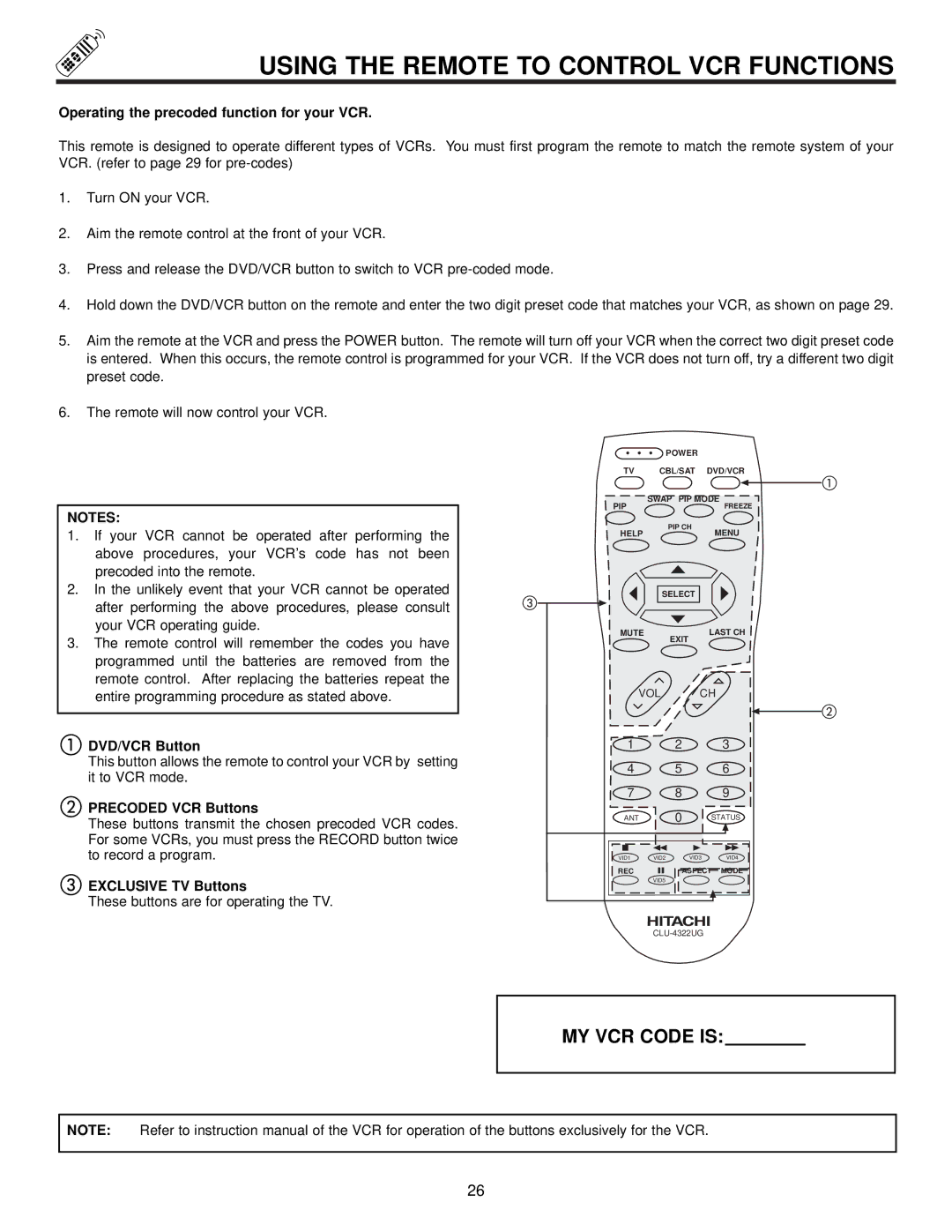 Hitachi 53SDX20B Using the Remote to Control VCR Functions, Operating the precoded function for your VCR, DVD/VCR Button 