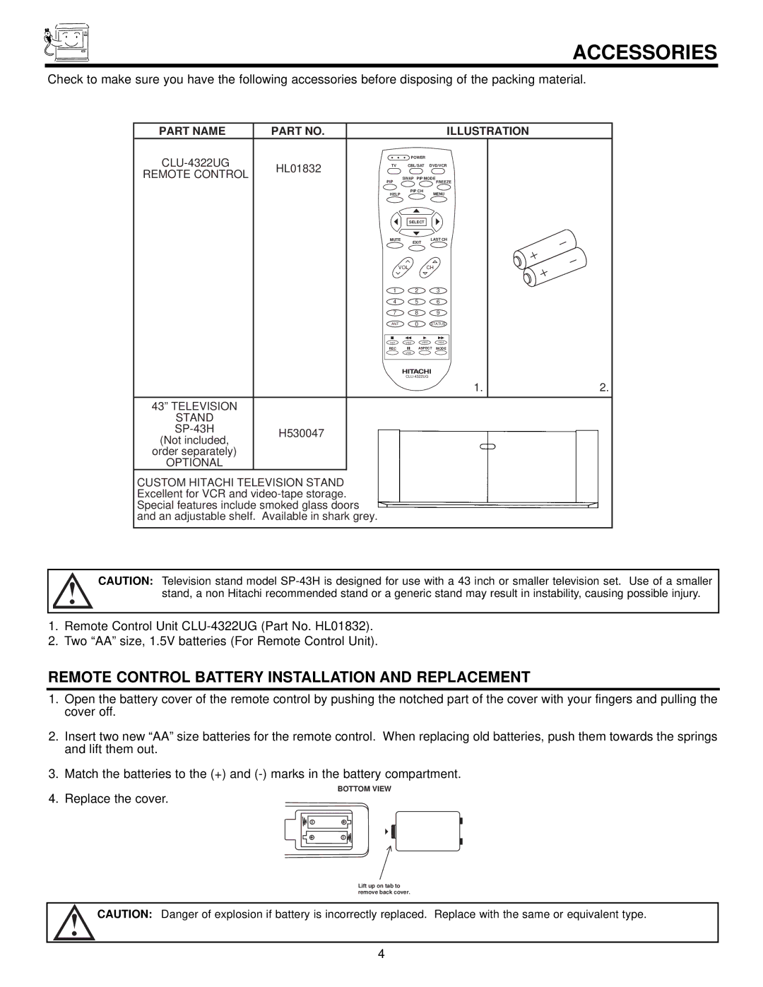 Hitachi 53FDX20B, 43FDX20B, 53SDX20B, 43FDX15B, 53SDX20BB important safety instructions Accessories, Remote Control 