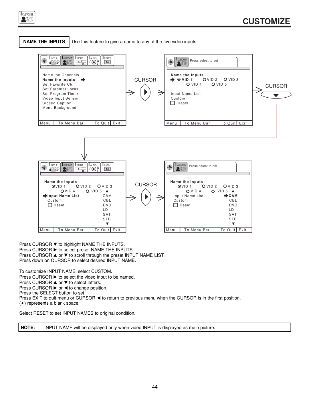 Hitachi 53FDX20B, 43FDX20B, 53SDX20B, 43FDX15B, 53SDX20BB important safety instructions Name the Inputs 