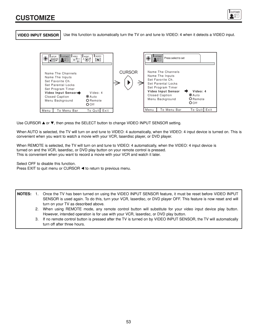 Hitachi 53FDX20B, 43FDX20B, 53SDX20B, 43FDX15B, 53SDX20BB important safety instructions Video Input Sensor 