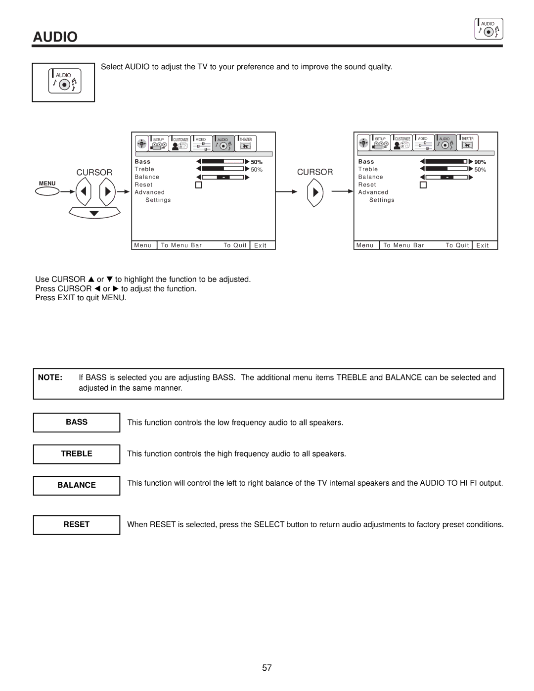 Hitachi 53FDX20B, 43FDX20B, 53SDX20B, 43FDX15B, 53SDX20BB important safety instructions Bass, Treble, Balance 