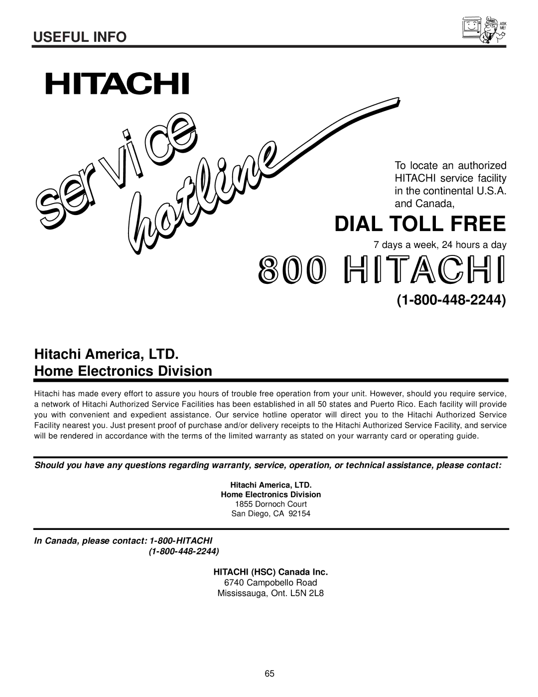 Hitachi 53FDX20B, 43FDX20B, 53SDX20B, 43FDX15B, 53SDX20BB Hitachi, Home Electronics Division 