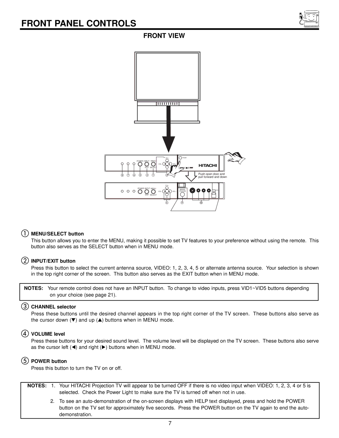 Hitachi 53FDX20B, 43FDX20B, 53SDX20B, 43FDX15B, 53SDX20BB important safety instructions Front Panel Controls 