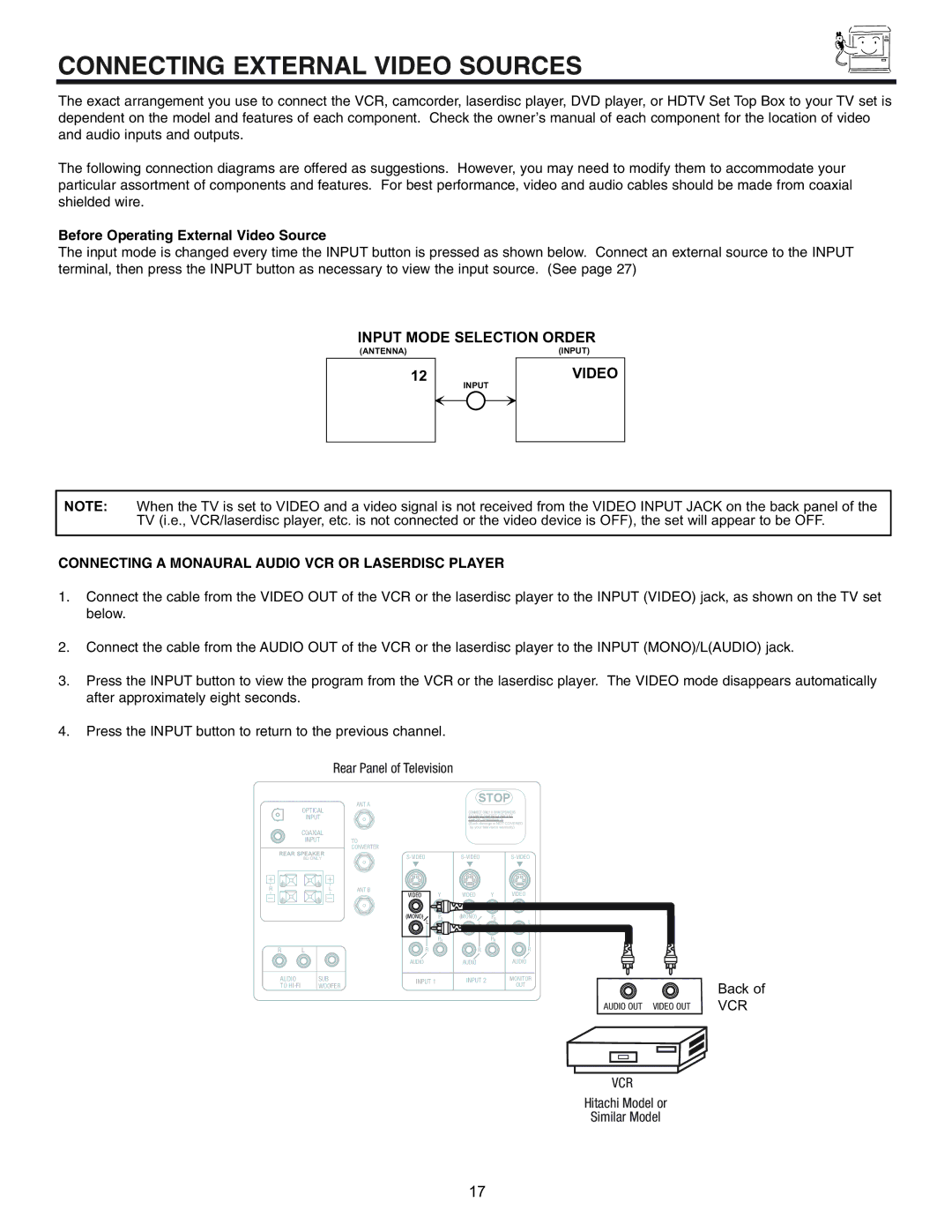 Hitachi 53SWX01W, 61SWX01W manual Connecting External Video Sources, Vcr 