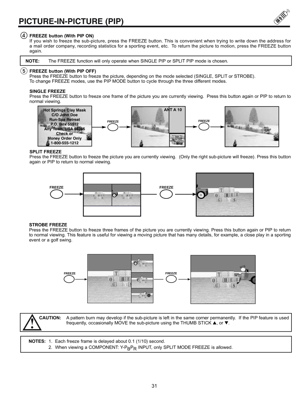 Hitachi 61SWX01W manual Freeze button With PIP on, Freeze button With PIP OFF, Single Freeze, Split Freeze, Strobe Freeze 