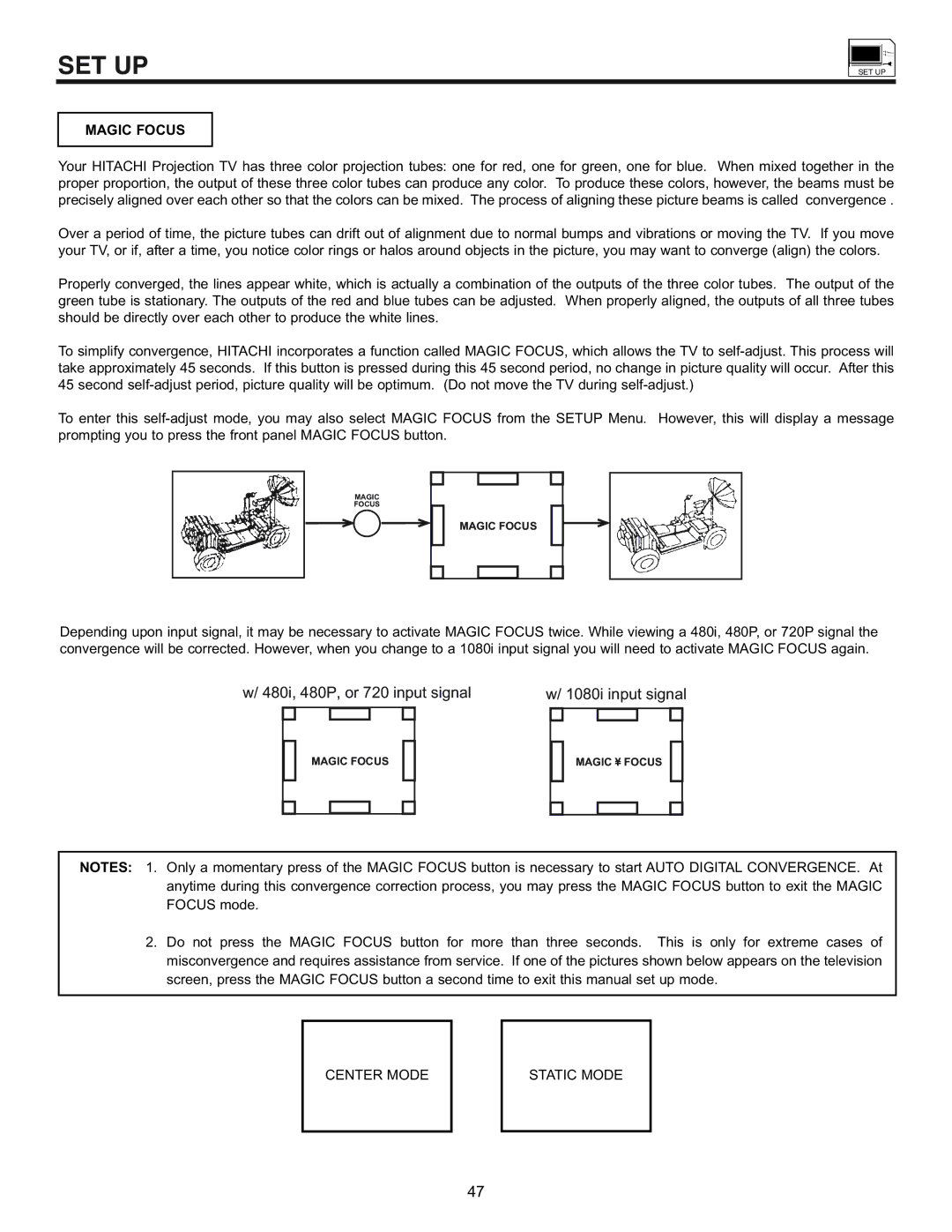 Hitachi 53SWX01W, 61SWX01W manual 480i, 480P, or 720 input signal 1080i input signal, Center Mode Static Mode 