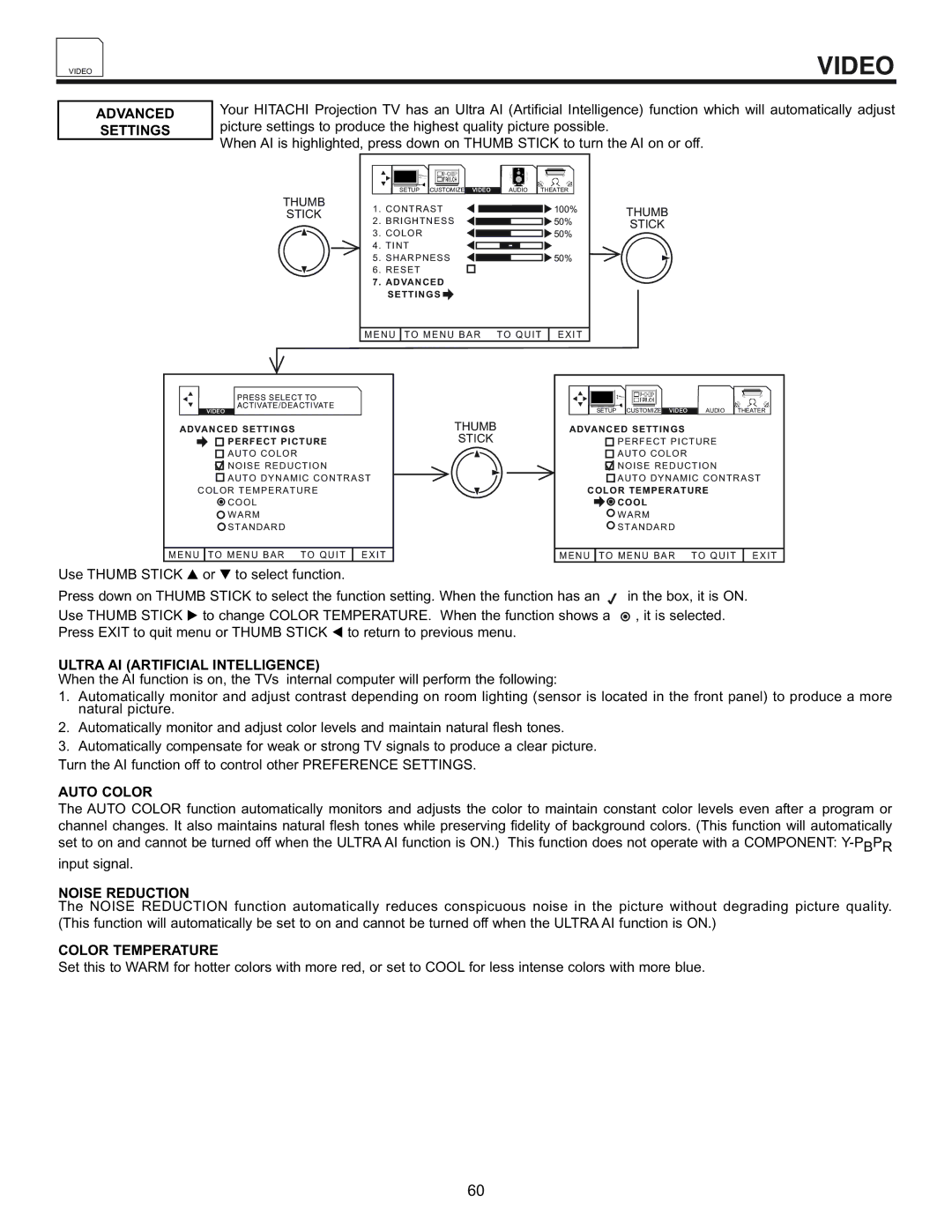 Hitachi 53SWX01W, 61SWX01W manual Advanced Settings, Ultra AI Artificial Intelligence, Auto Color, Noise Reduction 
