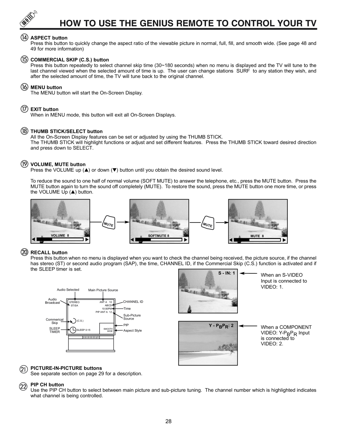 Hitachi 53SWX01W How To Use The Genius Remote To Control Your Tv, ASPECT button, COMMERCIAL SKIP C.S. button, MENU button 