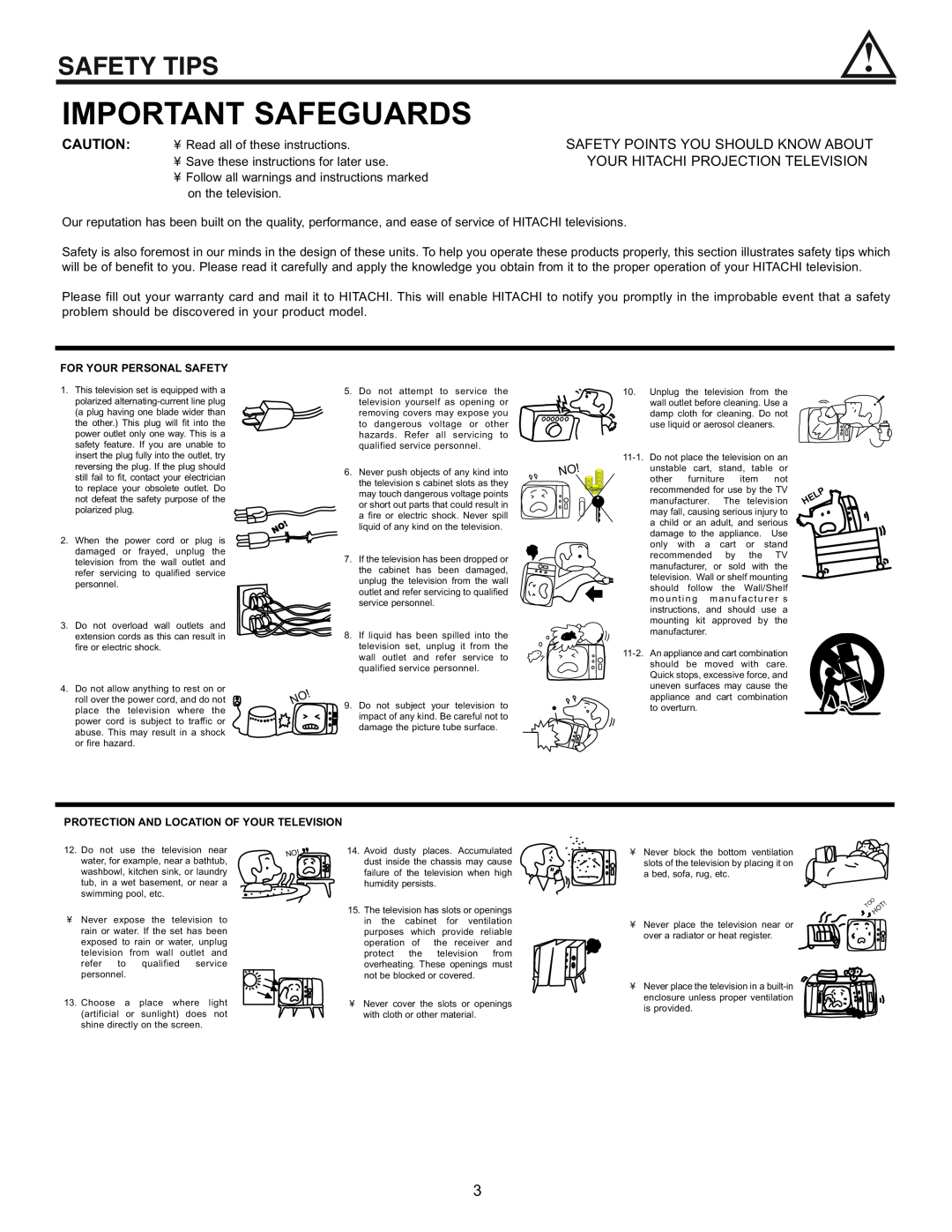 Hitachi 53SWX01W manual Safety Tips, Important Safeguards, ¥ Read all of these instructions, on the television 