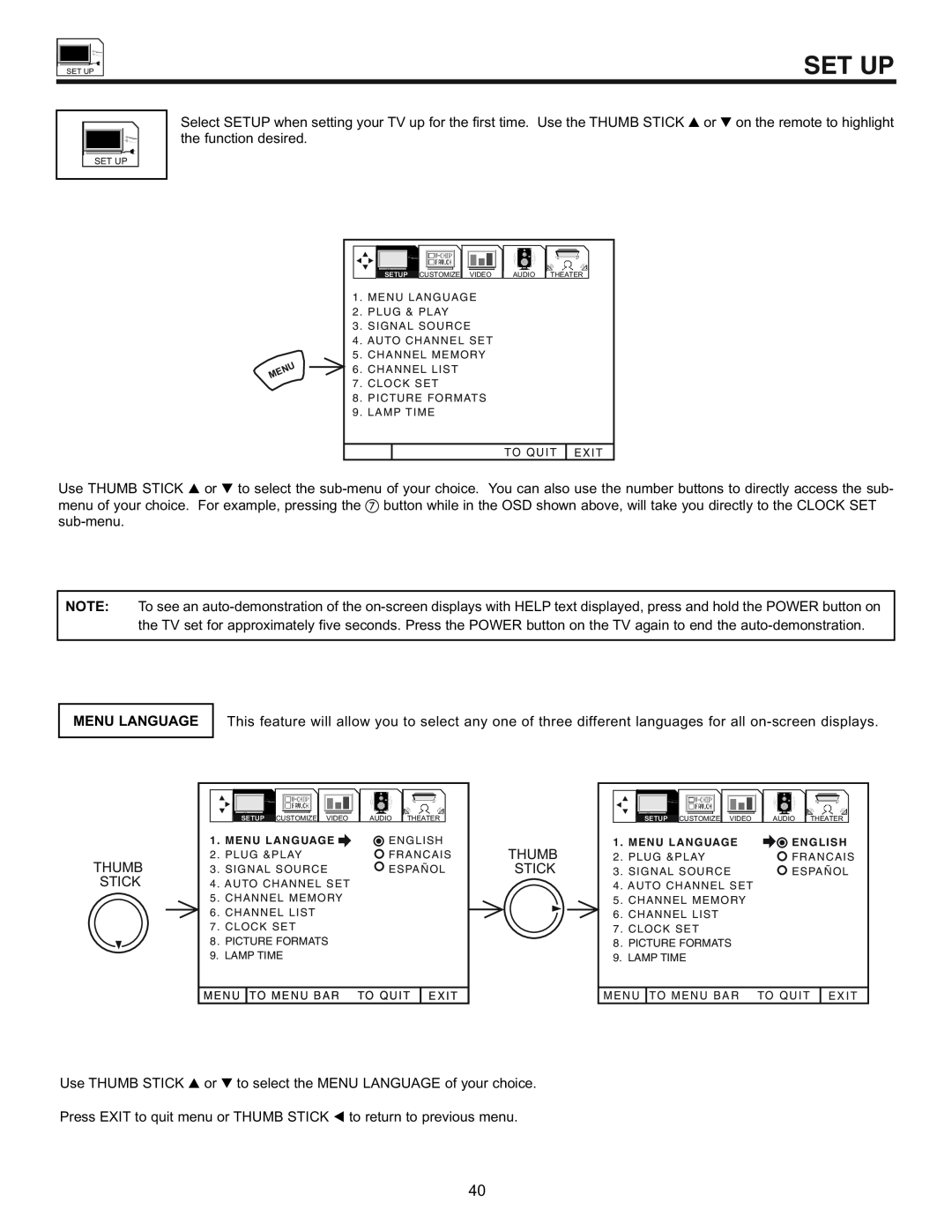 Hitachi 53SWX01W manual Set Up, Menu Language 