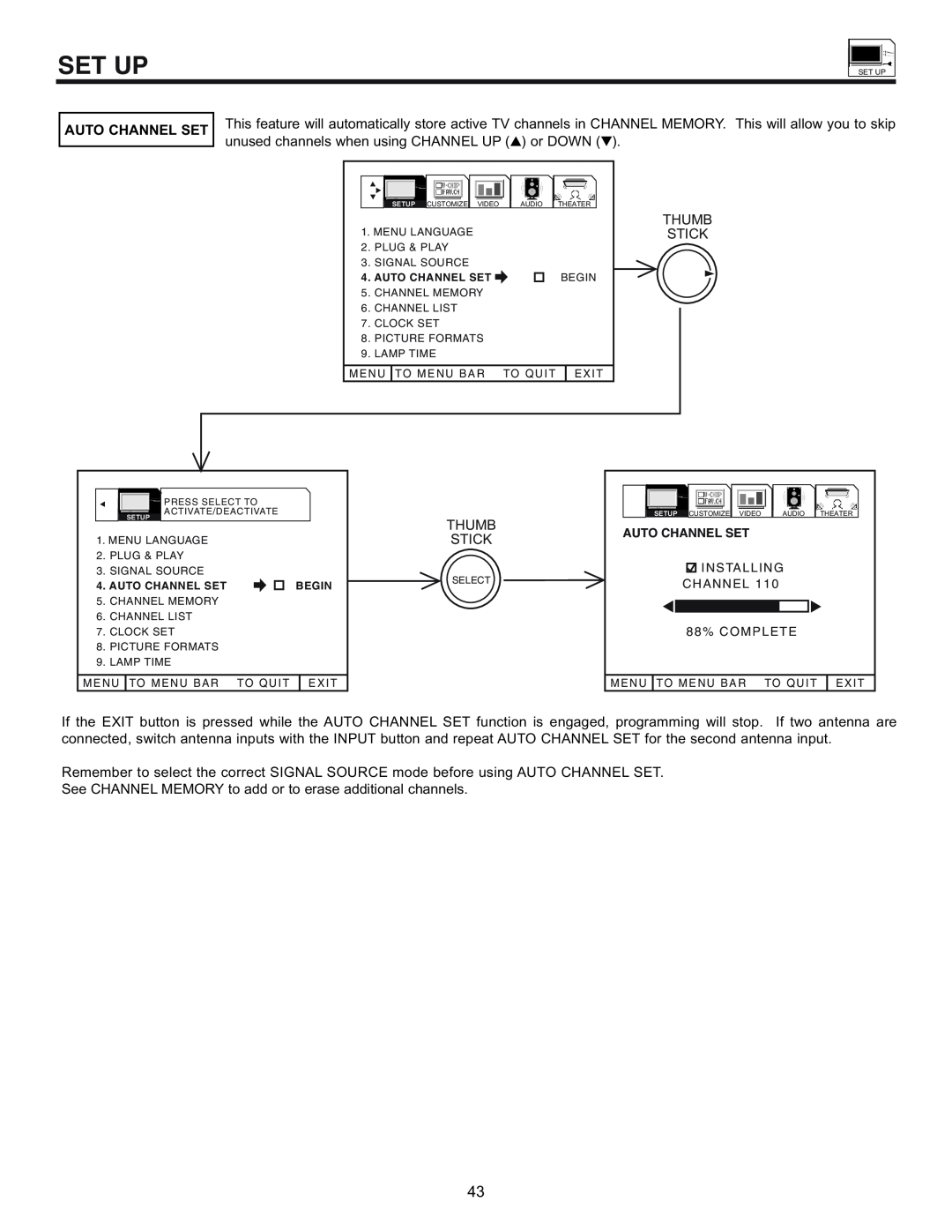 Hitachi 53SWX01W manual Set Up, Auto Channel Set 