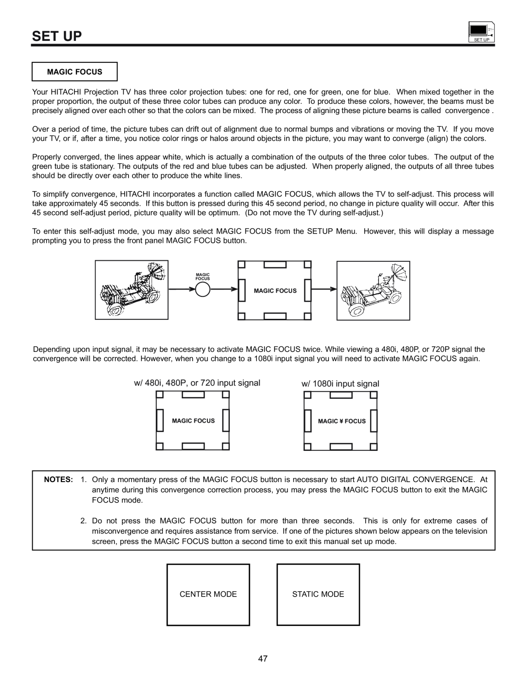 Hitachi 53SWX01W manual Set Up, w/ 480i, 480P, or 720 input signal, w/ 1080i input signal, Magic Focus 