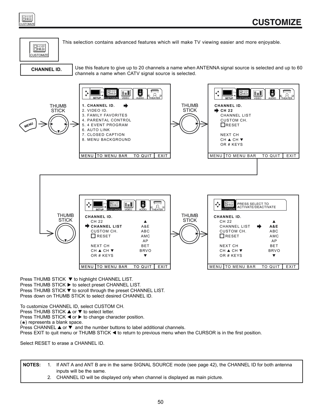 Hitachi 53SWX01W manual Customize, Channel Id 