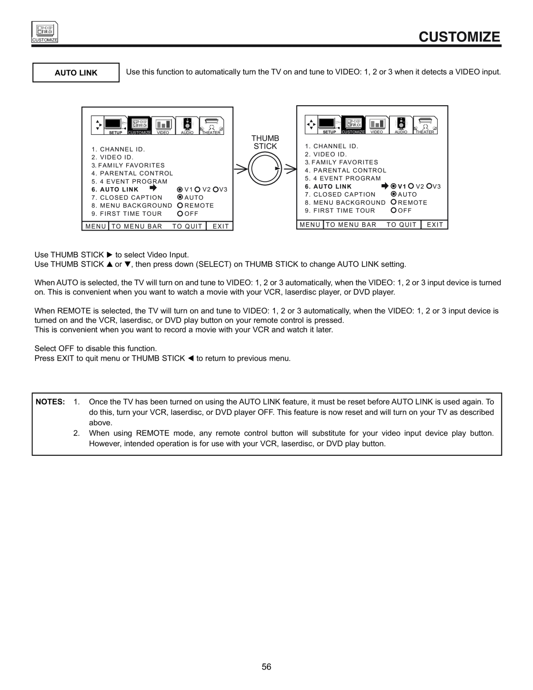 Hitachi 53SWX01W manual Customize, Auto Link 