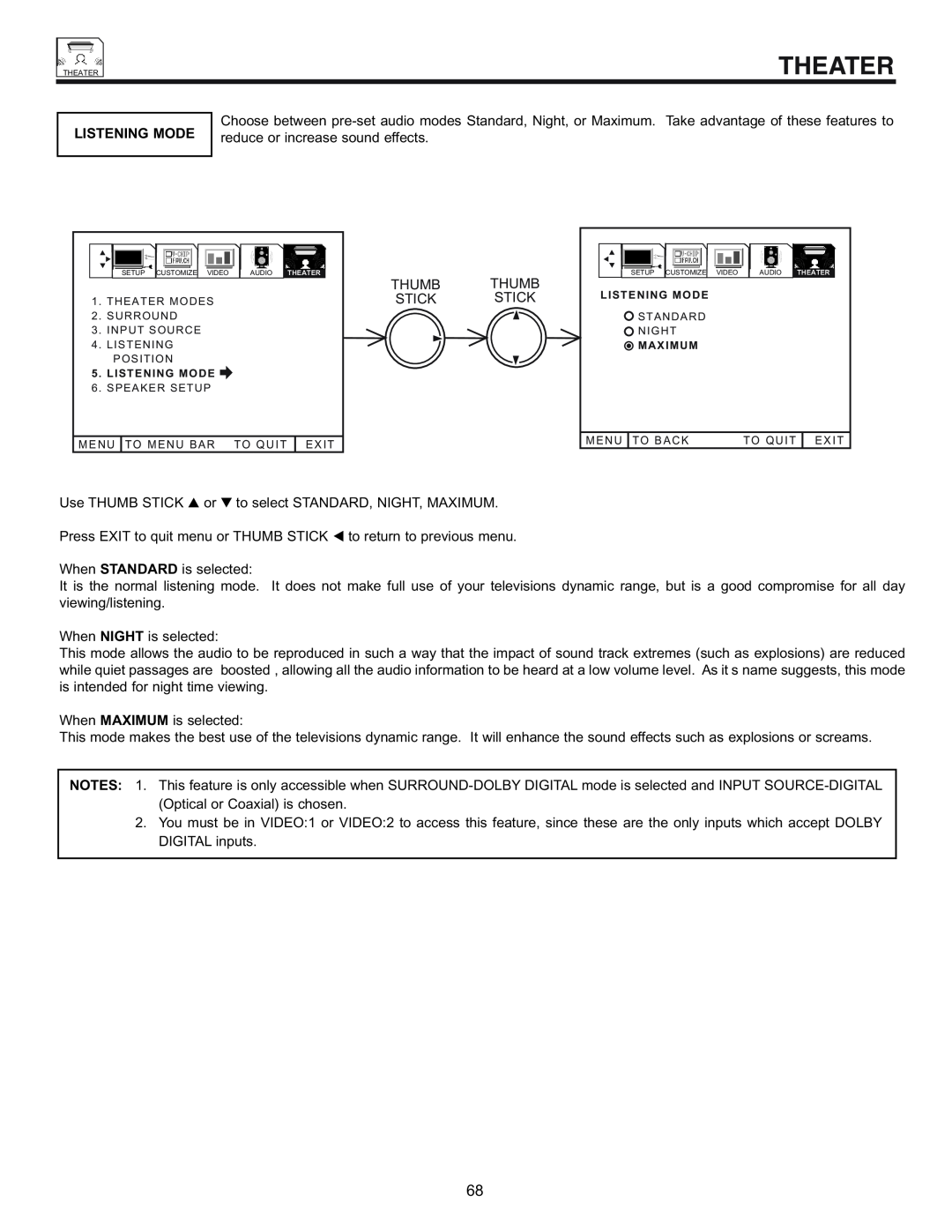 Hitachi 53SWX01W manual Theater, Listening Mode 