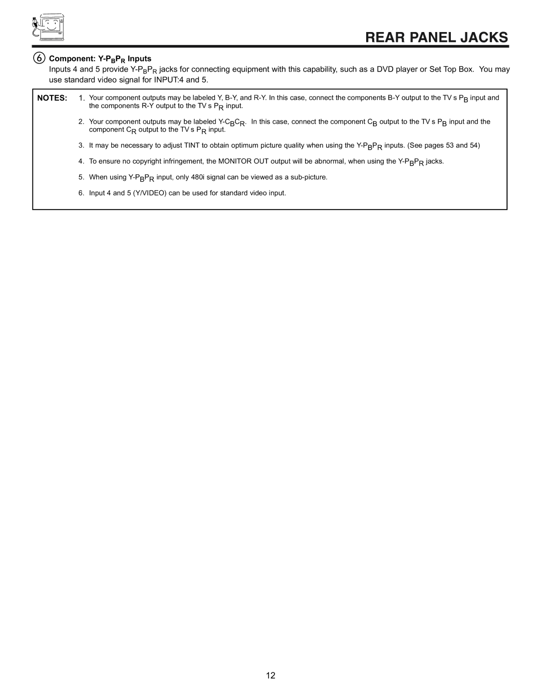 Hitachi 53UDX10B, 61UDX10B, 43FDX11B, 43FDX10B important safety instructions Component Y-PBPRInputs 