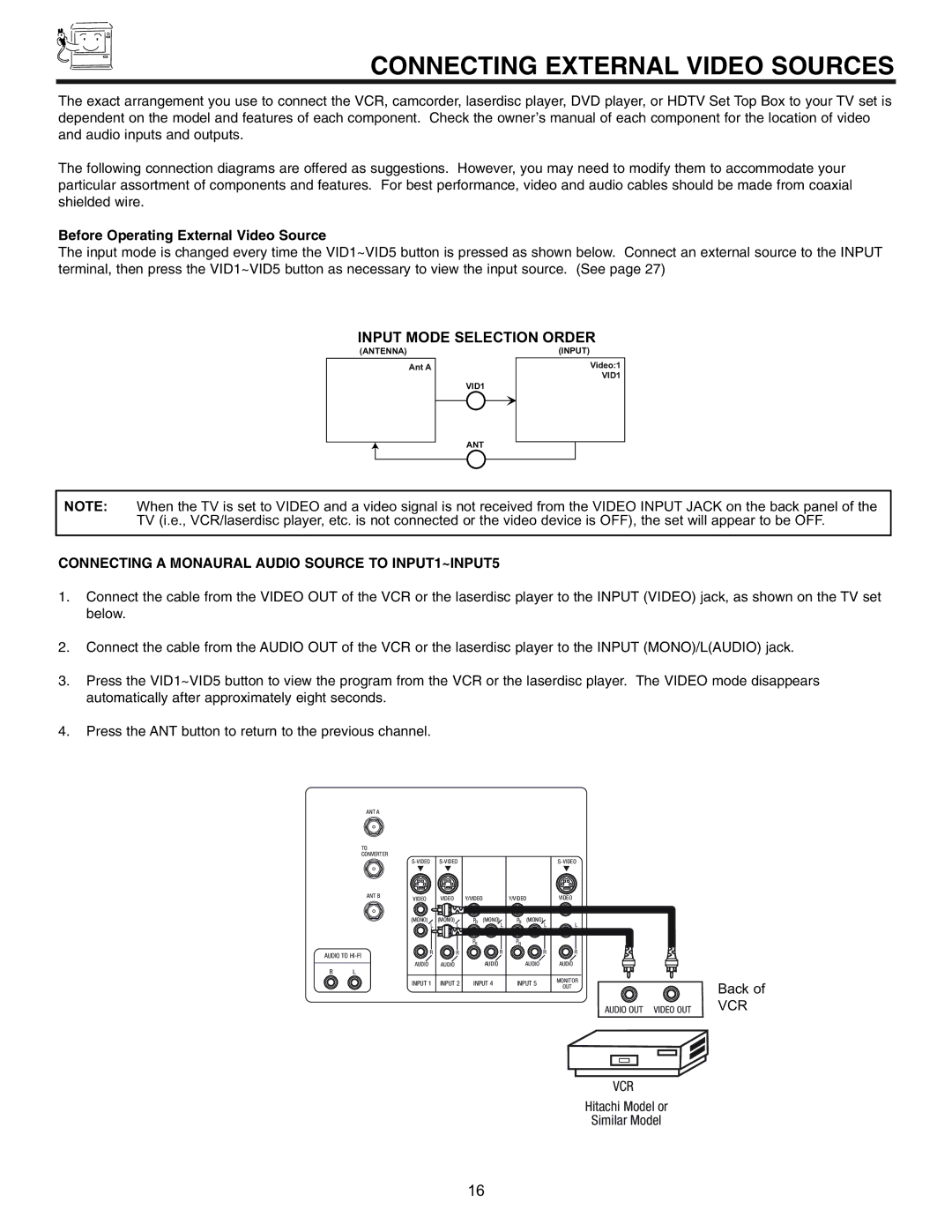 Hitachi 53UDX10B, 61UDX10B, 43FDX11B, 43FDX10B important safety instructions Connecting External Video Sources, Vcr 