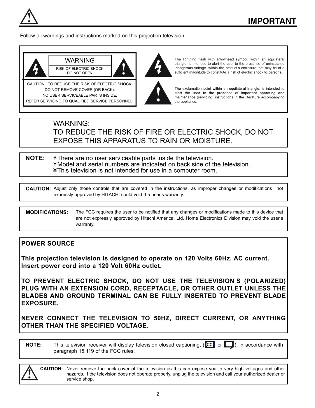 Hitachi 43FDX11B, 53UDX10B, 61UDX10B, 43FDX10B important safety instructions Power Source 