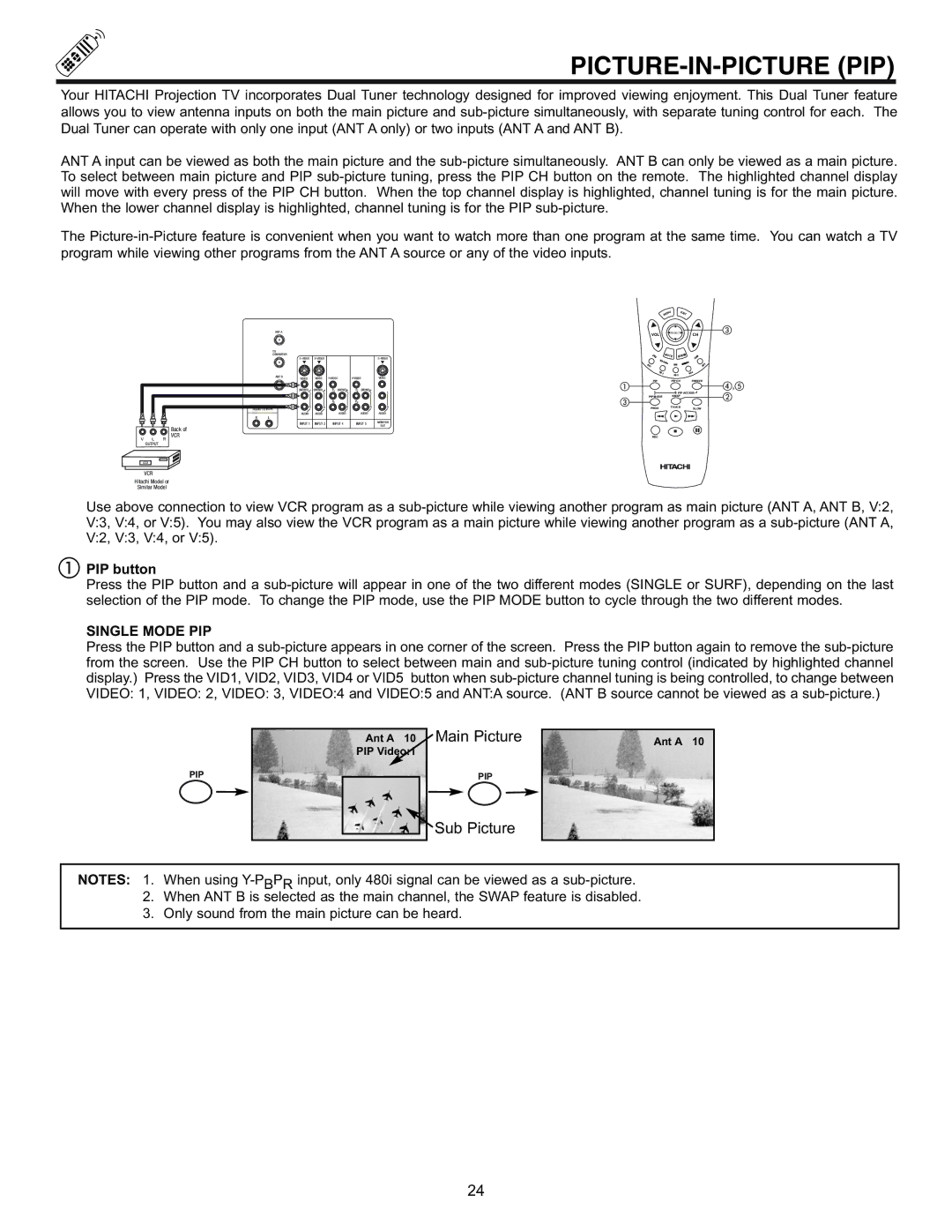 Hitachi 53UDX10B, 61UDX10B, 43FDX11B, 43FDX10B Picture-In-Picture Pip, PIP button, Single Mode PIP 