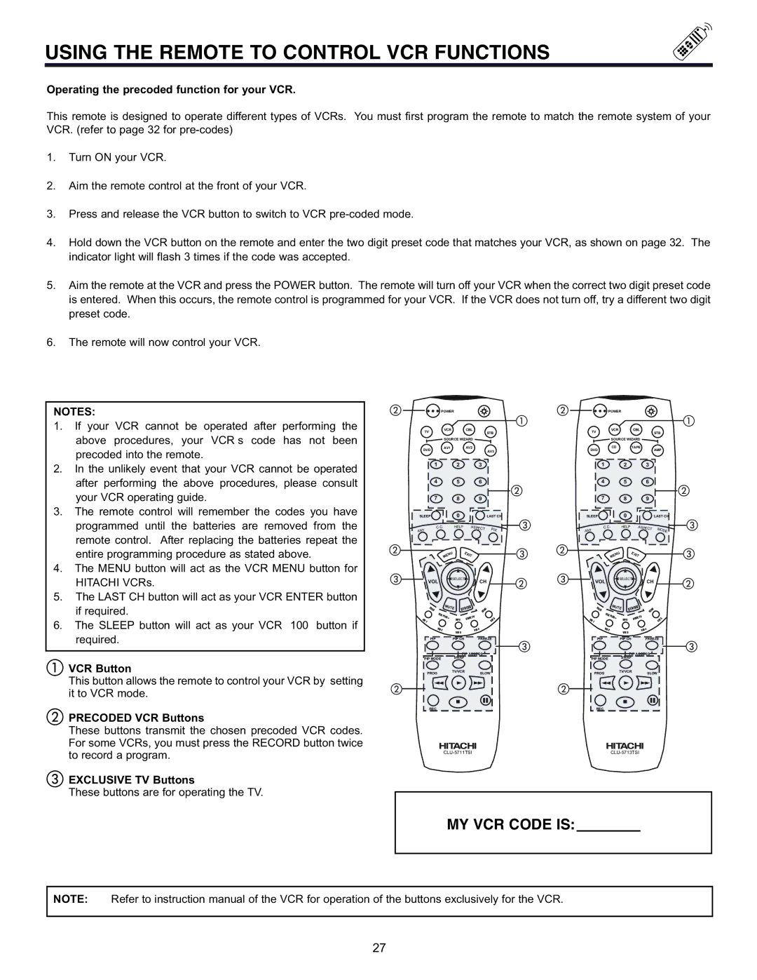 Hitachi 43FDX10B, 53UDX10B Using the Remote to Control VCR Functions, Operating the precoded function for your VCR 