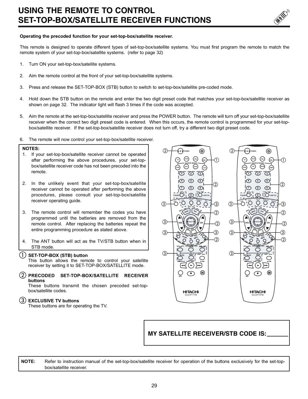 Hitachi 61UDX10B, 53UDX10B, 43FDX11B, 43FDX10B SET-TOP-BOX STB button, Precoded SET-TOP-BOX/SATELLITE Receiver buttons 
