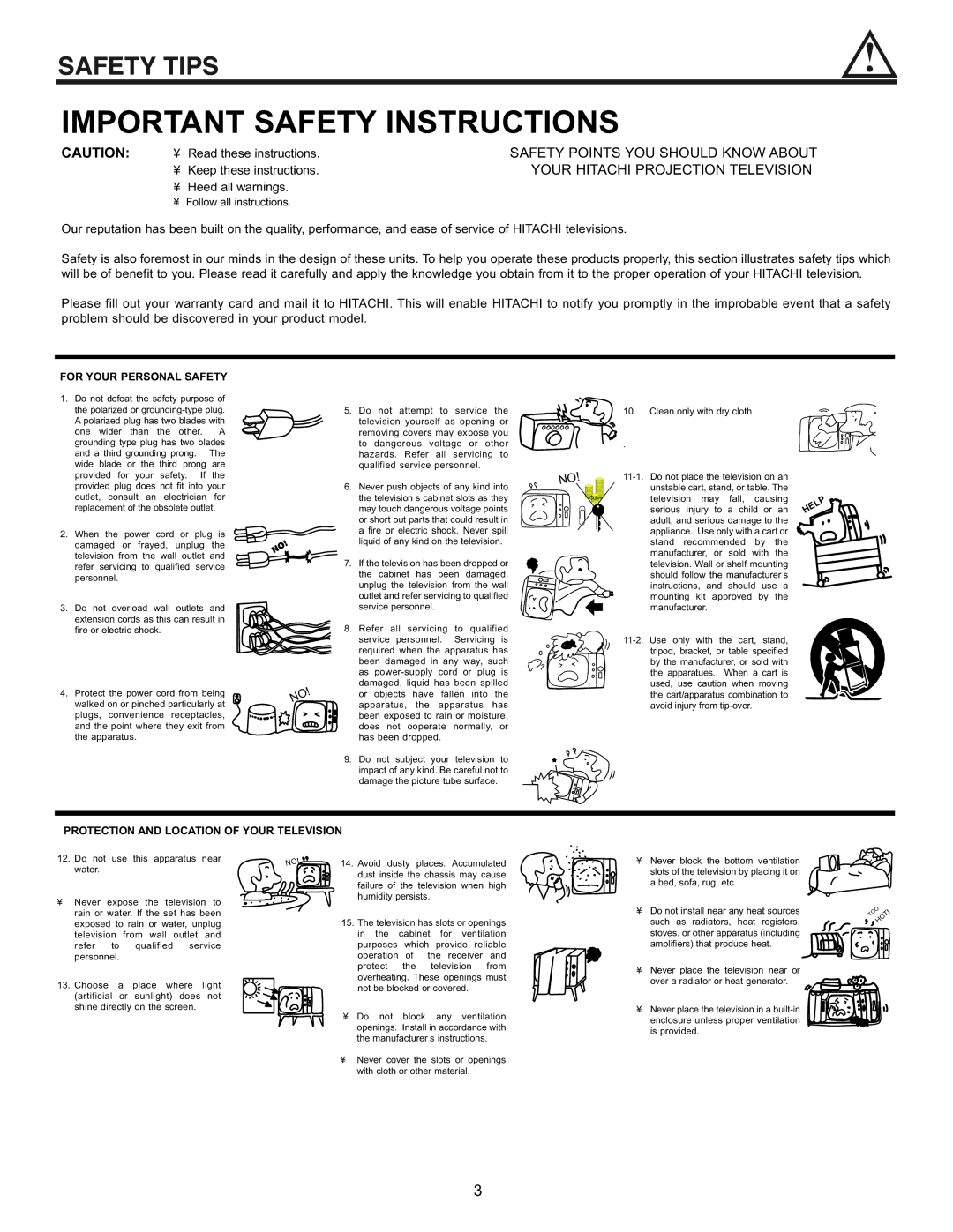 Hitachi 43FDX10B, 53UDX10B, 61UDX10B Safety Tips, Safety Points YOU should Know about, Your Hitachi Projection Television 