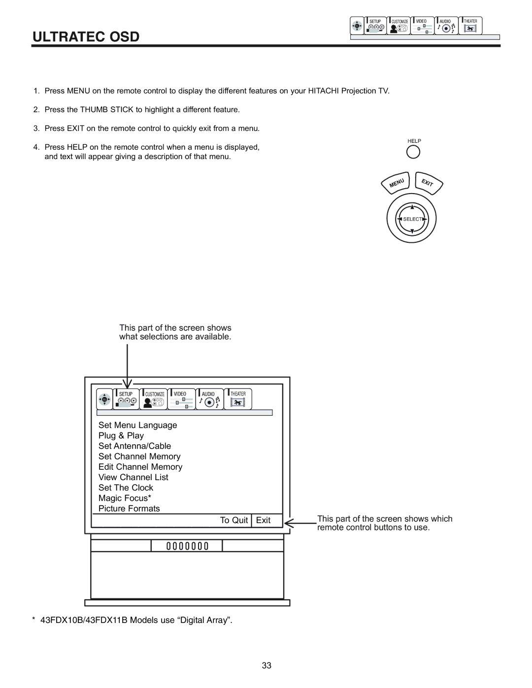 Hitachi 61UDX10B, 53UDX10B, 43FDX11B, 43FDX10B important safety instructions Ultratec OSD 