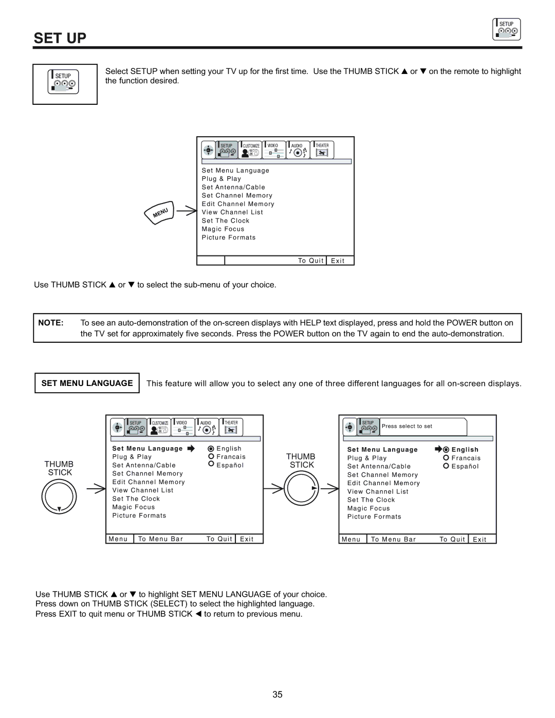 Hitachi 43FDX10B, 53UDX10B, 61UDX10B, 43FDX11B important safety instructions Set Up, SET Menu Language, Thumb, Stick 