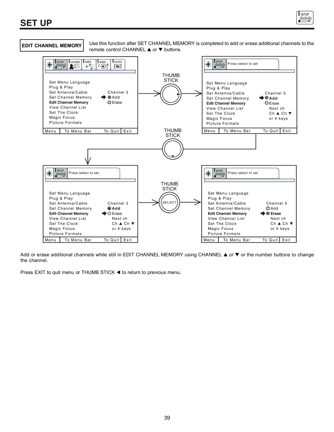 Hitachi 43FDX10B, 53UDX10B, 61UDX10B, 43FDX11B important safety instructions Edit Channel Memory 