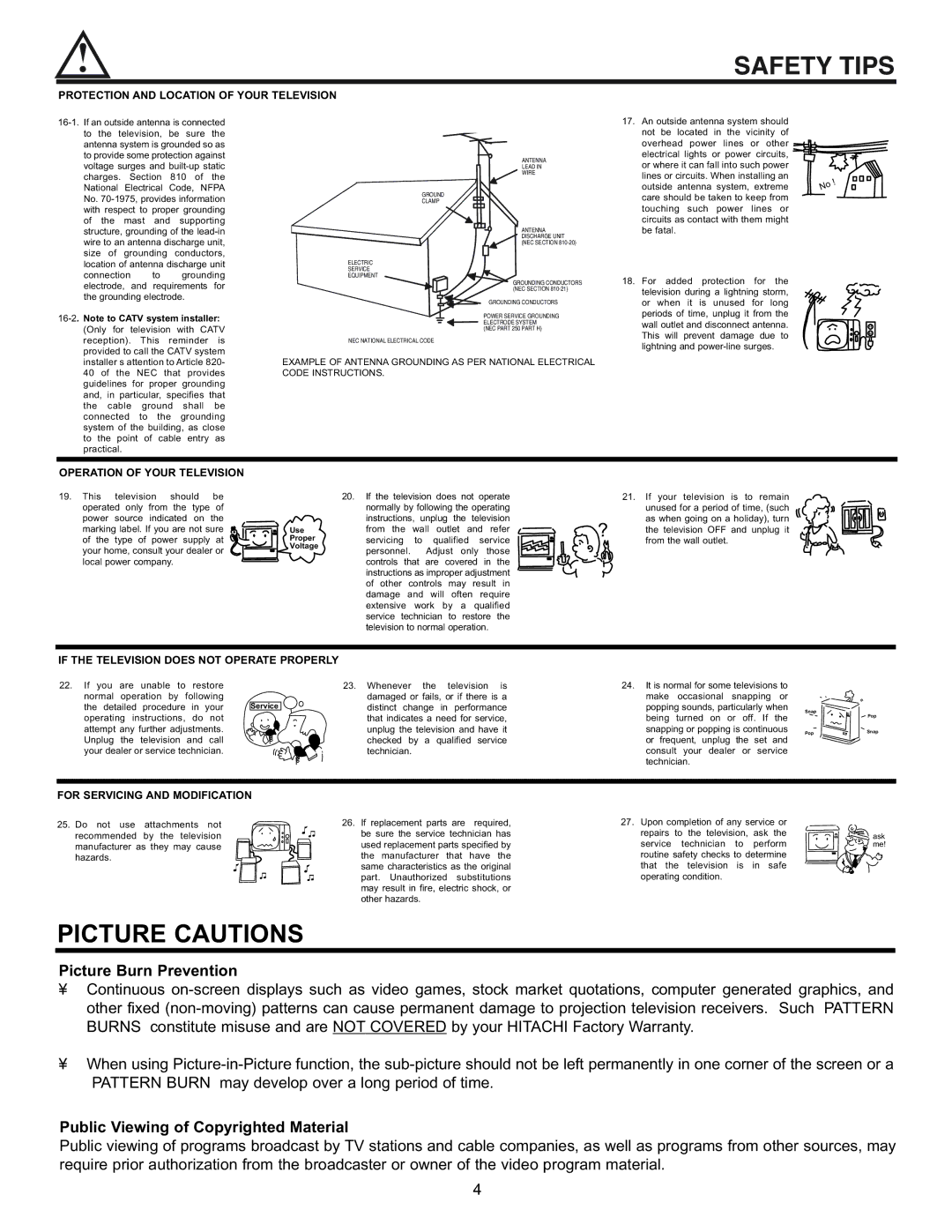 Hitachi 53UDX10B, 61UDX10B, 43FDX11B, 43FDX10B important safety instructions Picture Cautions 