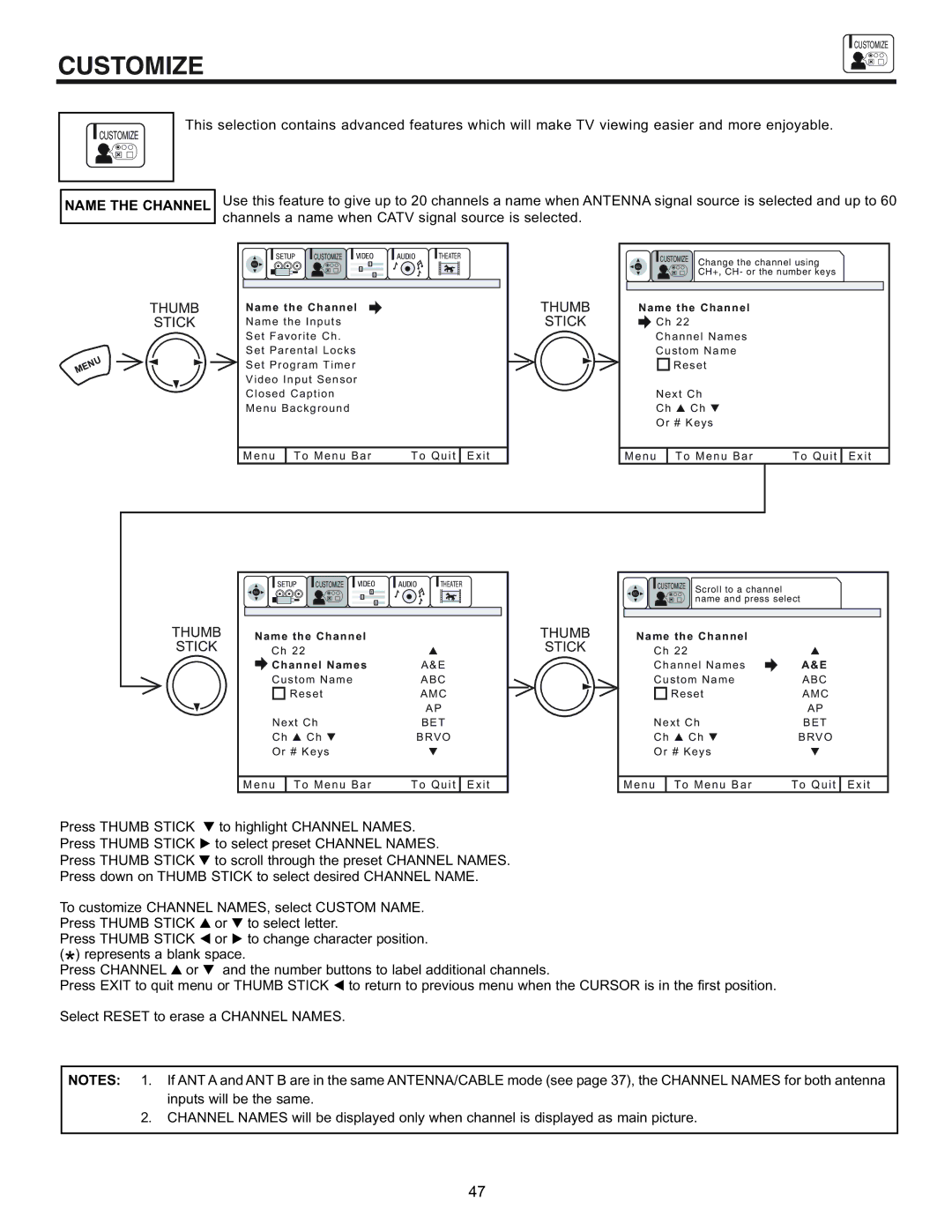 Hitachi 43FDX10B, 53UDX10B, 61UDX10B, 43FDX11B important safety instructions Customize, Name the Channel 