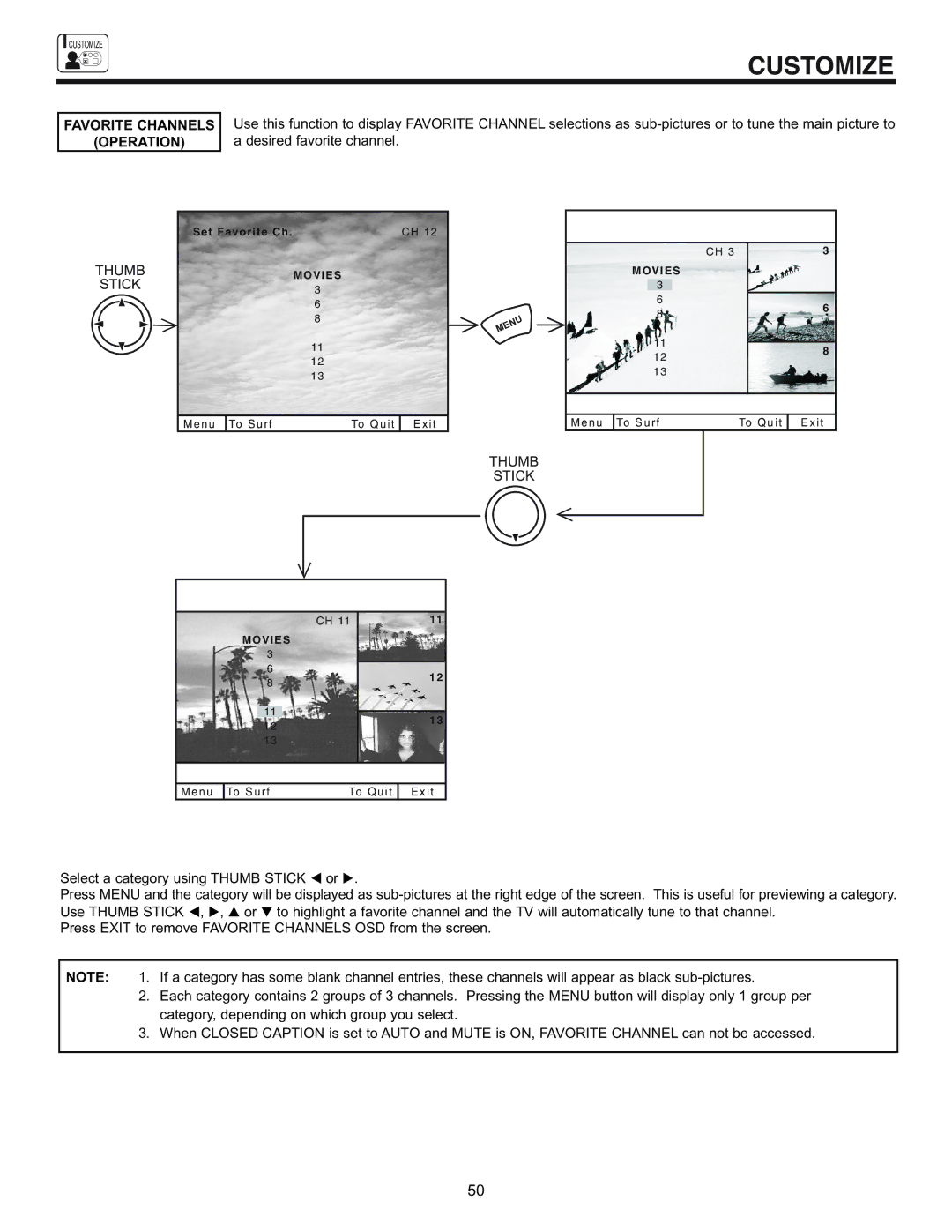 Hitachi 43FDX11B, 53UDX10B, 61UDX10B, 43FDX10B important safety instructions Favorite Channels Operation 