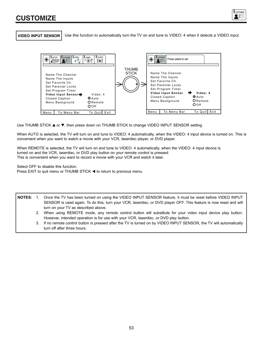 Hitachi 61UDX10B, 53UDX10B, 43FDX11B, 43FDX10B important safety instructions Video Input Sensor, Thumb 