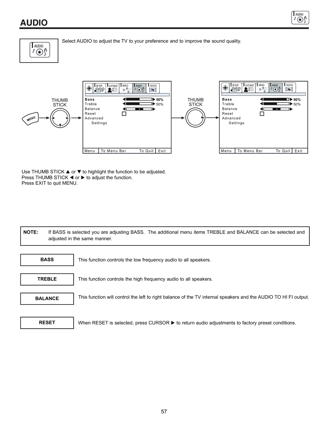 Hitachi 61UDX10B, 53UDX10B, 43FDX11B, 43FDX10B important safety instructions Audio, Bass, Treble, Balance 