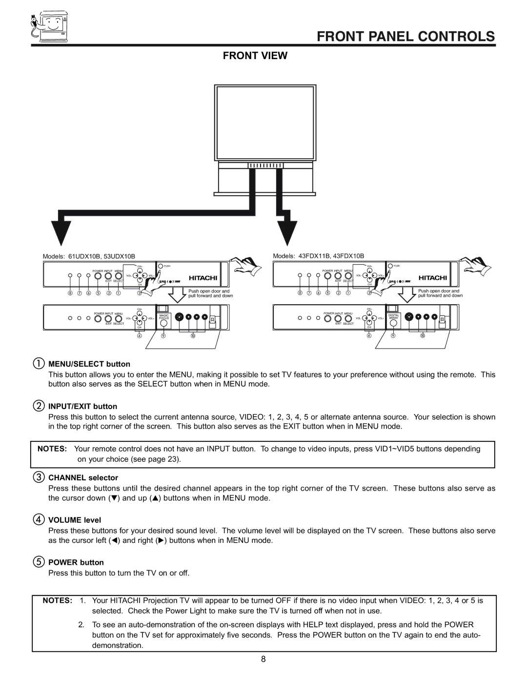 Hitachi 53UDX10B, 61UDX10B, 43FDX11B, 43FDX10B important safety instructions Front Panel Controls 