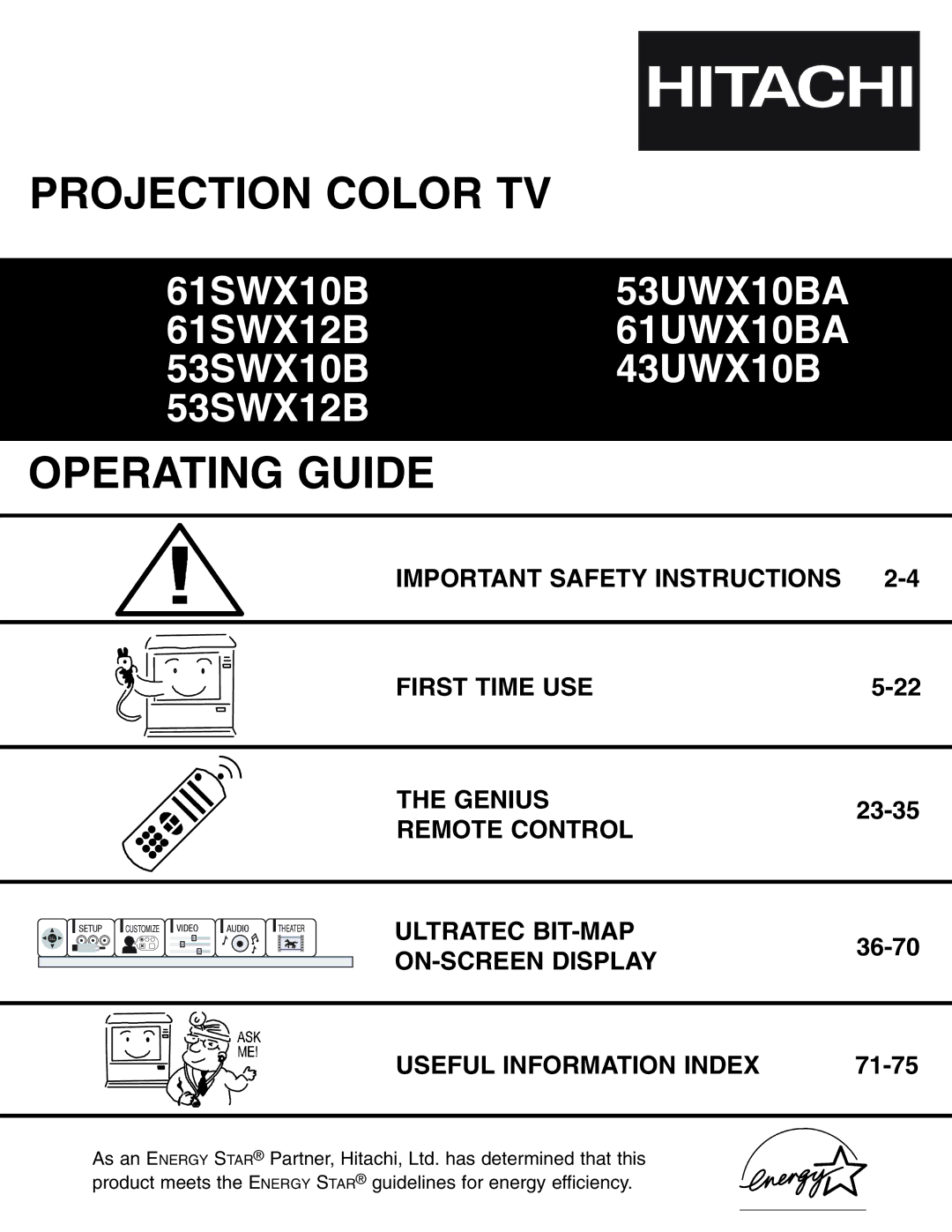 Hitachi 61SWX10B important safety instructions Important Safety Instructions First Time USE Genius, Remote Control 