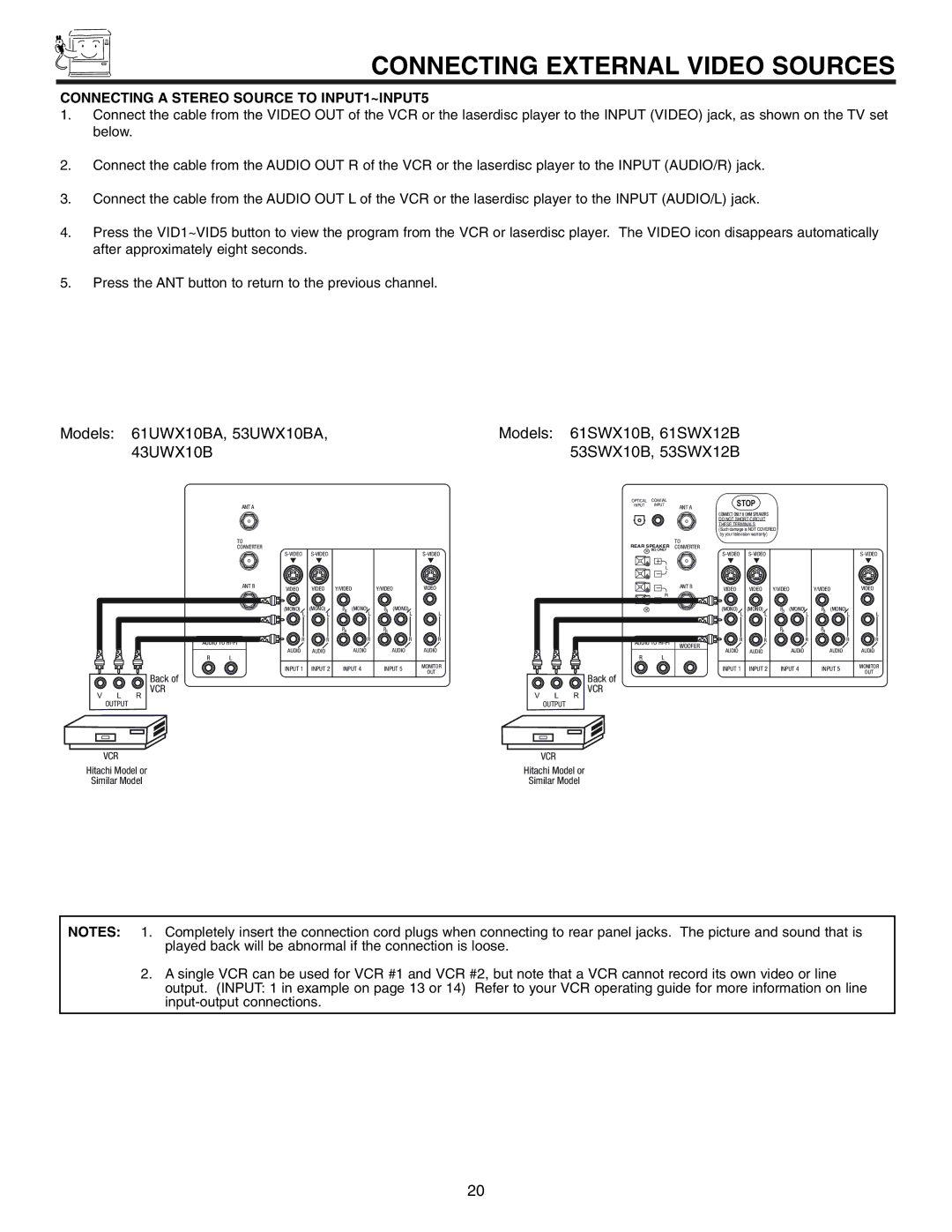 Hitachi 61UWX10BA, 53UWX10BA, 61SWX10B important safety instructions Connecting a Stereo Source to INPUT1~INPUT5 